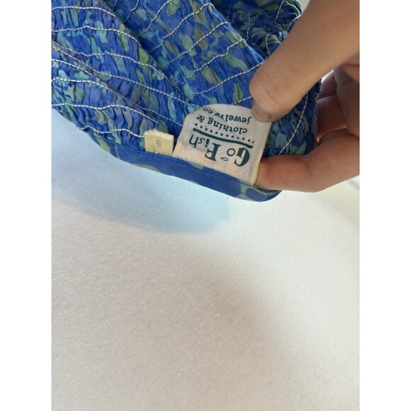 GO FISH Dress Small S Smocked Batik Beach Hippie Boho Blue Short Sleeve Floral - Picture 4 of 4
